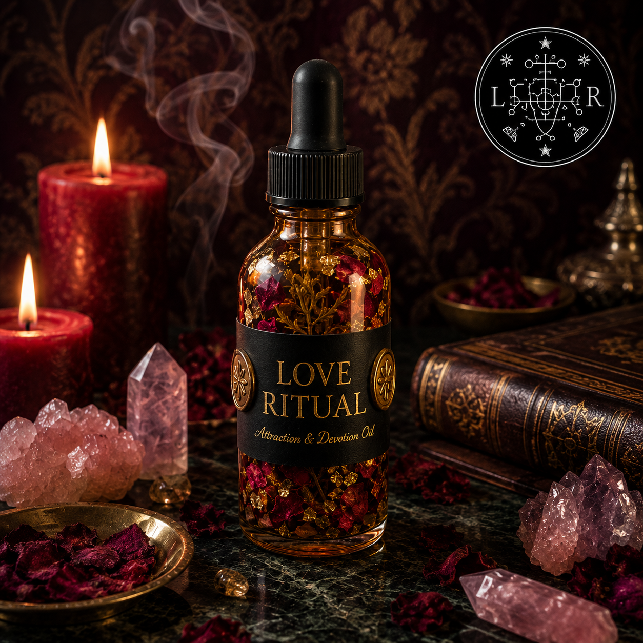 Love spell oil in an amber bottle with rose petals and gold flakes for attraction, reconciliation and love drawing rituals.