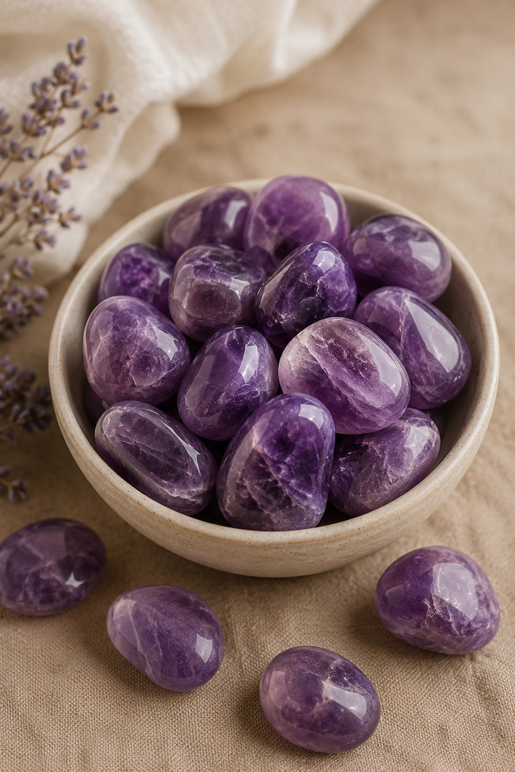 High-resolution representative image of a polished amethyst tumbled stone set