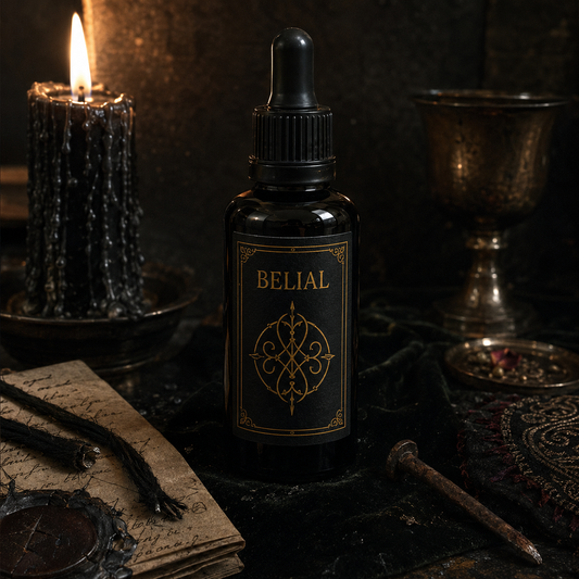 BELIAL uncrossing spell oil on a dark candlelit altar for blockage and hex removal rituals