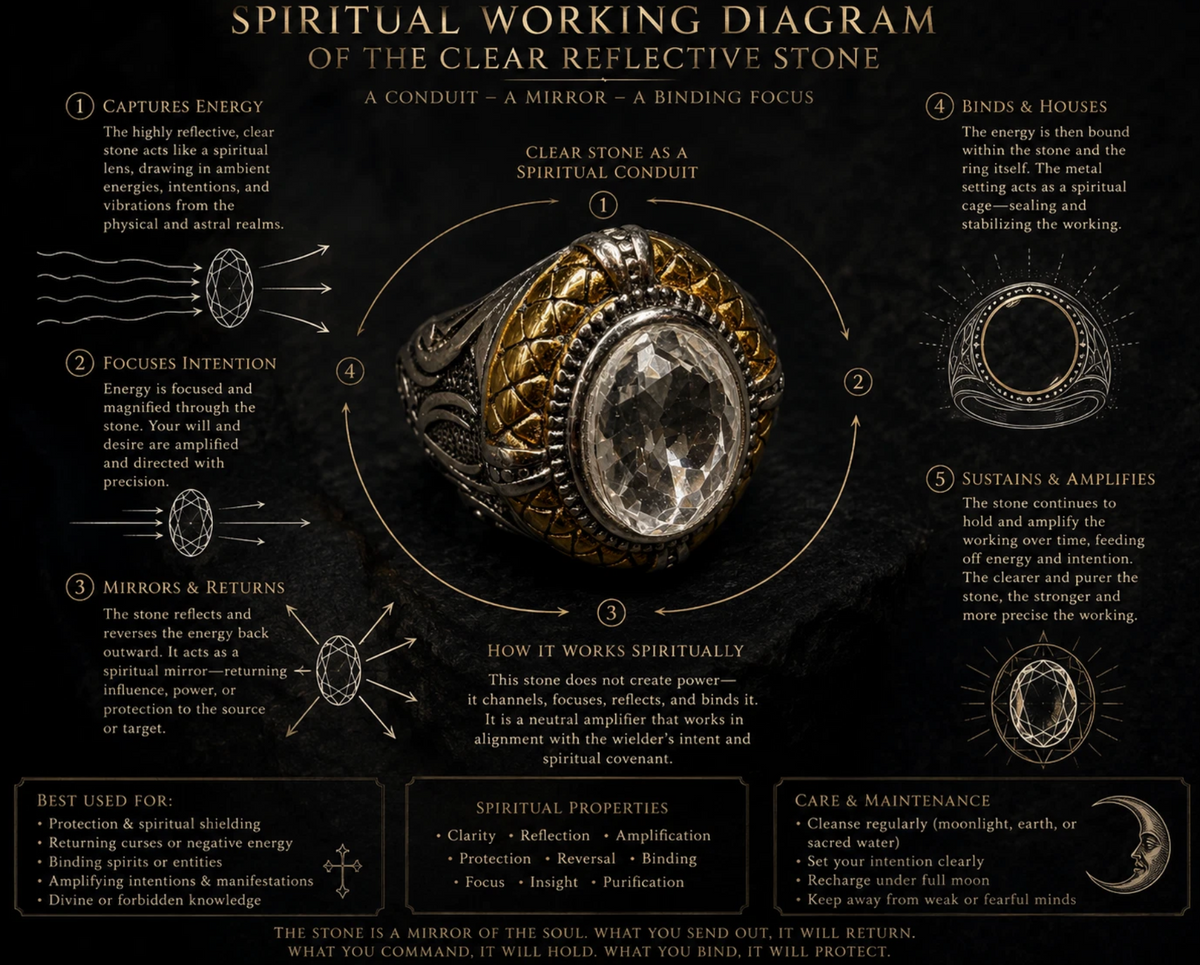 Clear Quartz Spirit Vessel Ring spiritual working diagram showing amplification, reflection, binding, and protection symbolism