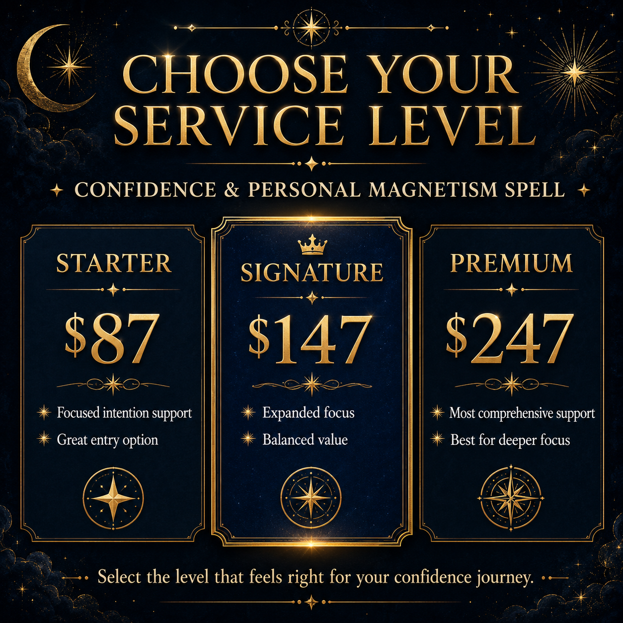 Confidence and Personal Magnetism Spell Starter, Signature and Premium service comparison