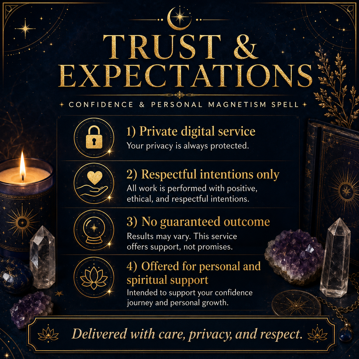 Confidence and Personal Magnetism Spell private digital service, respectful intentions and no guaranteed outcome