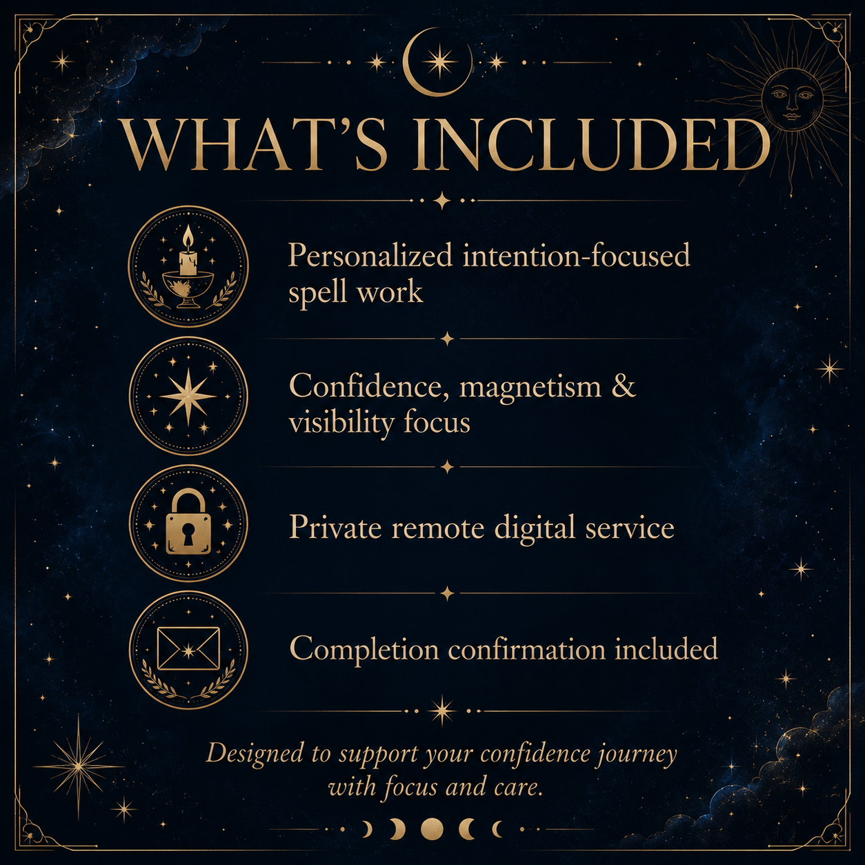 Confidence and Personal Magnetism Spell personalized service benefits and confirmation