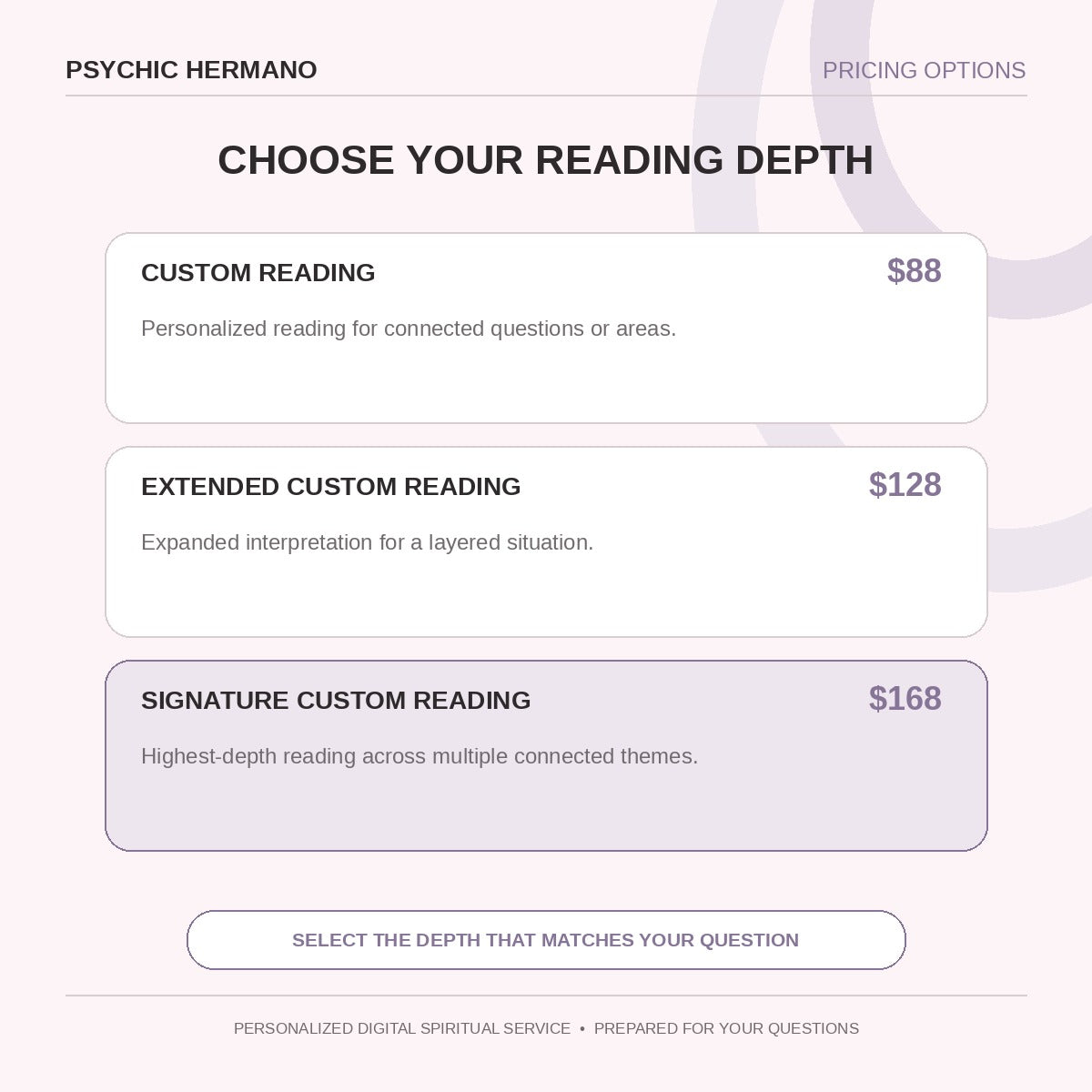 Custom Psychic Reading pricing options and reading depth