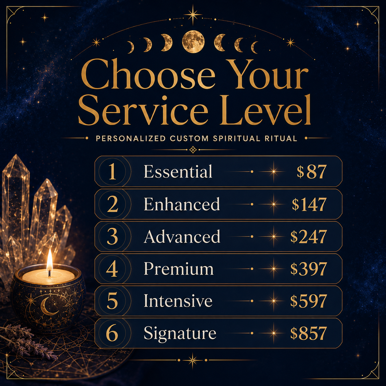 Custom spiritual ritual service levels from Essential to Signature