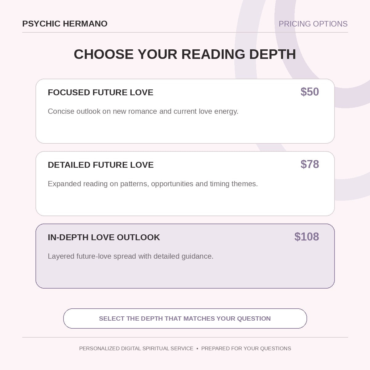 Future Love Tarot Reading pricing options and reading depth