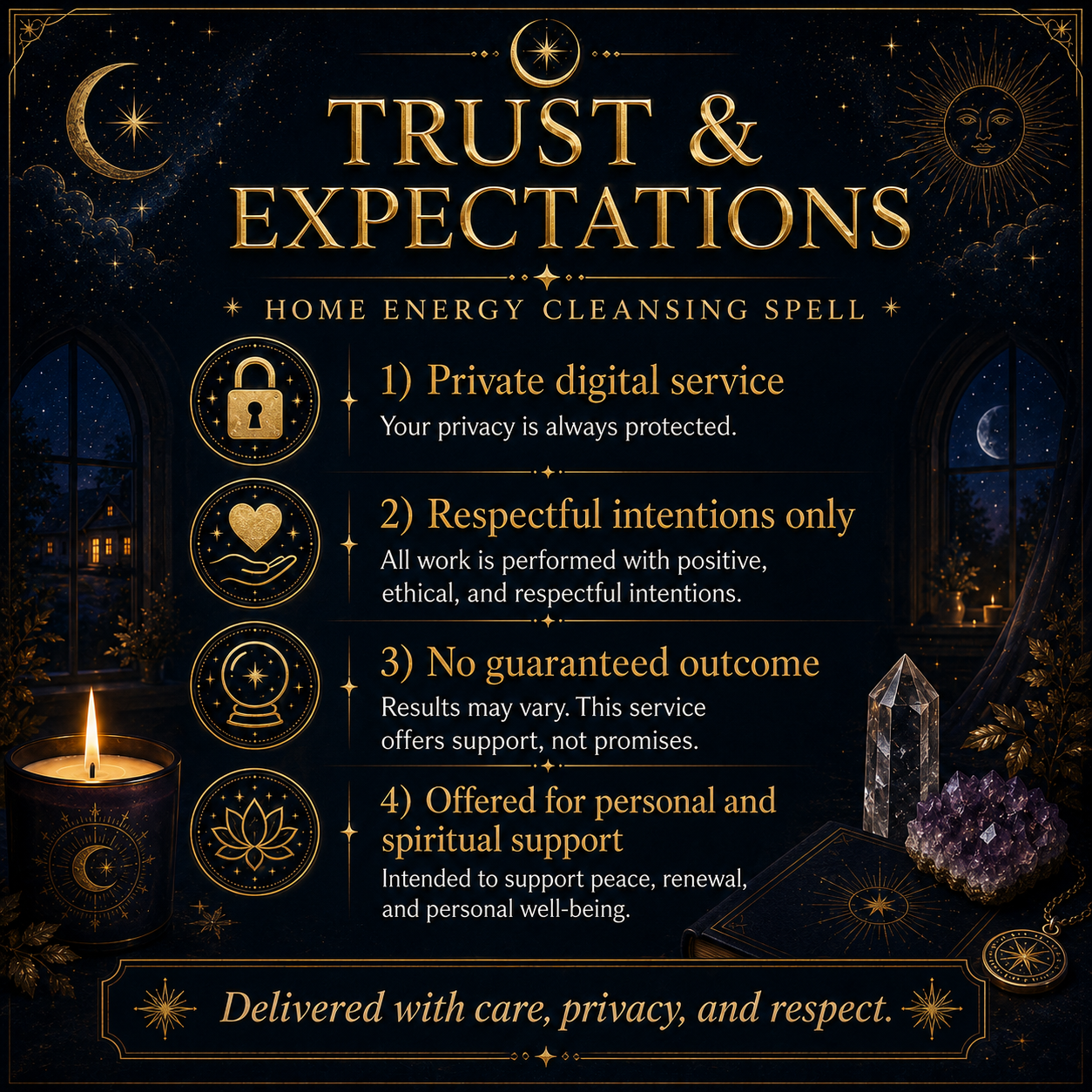 Home Energy Cleansing Spell private digital service, respectful intentions and no guaranteed outcome