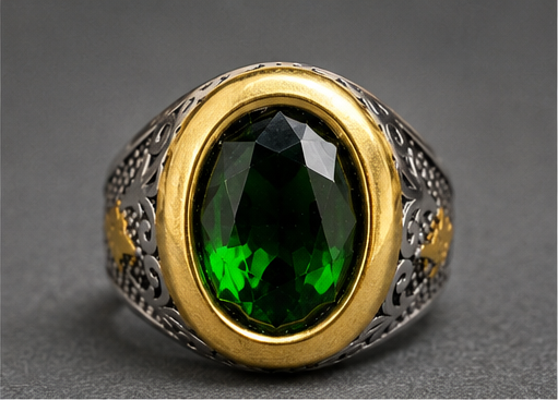 Emerald money djinn ring angled view with gold bezel