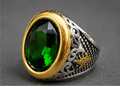 Emerald money djinn ring front view with large green stone