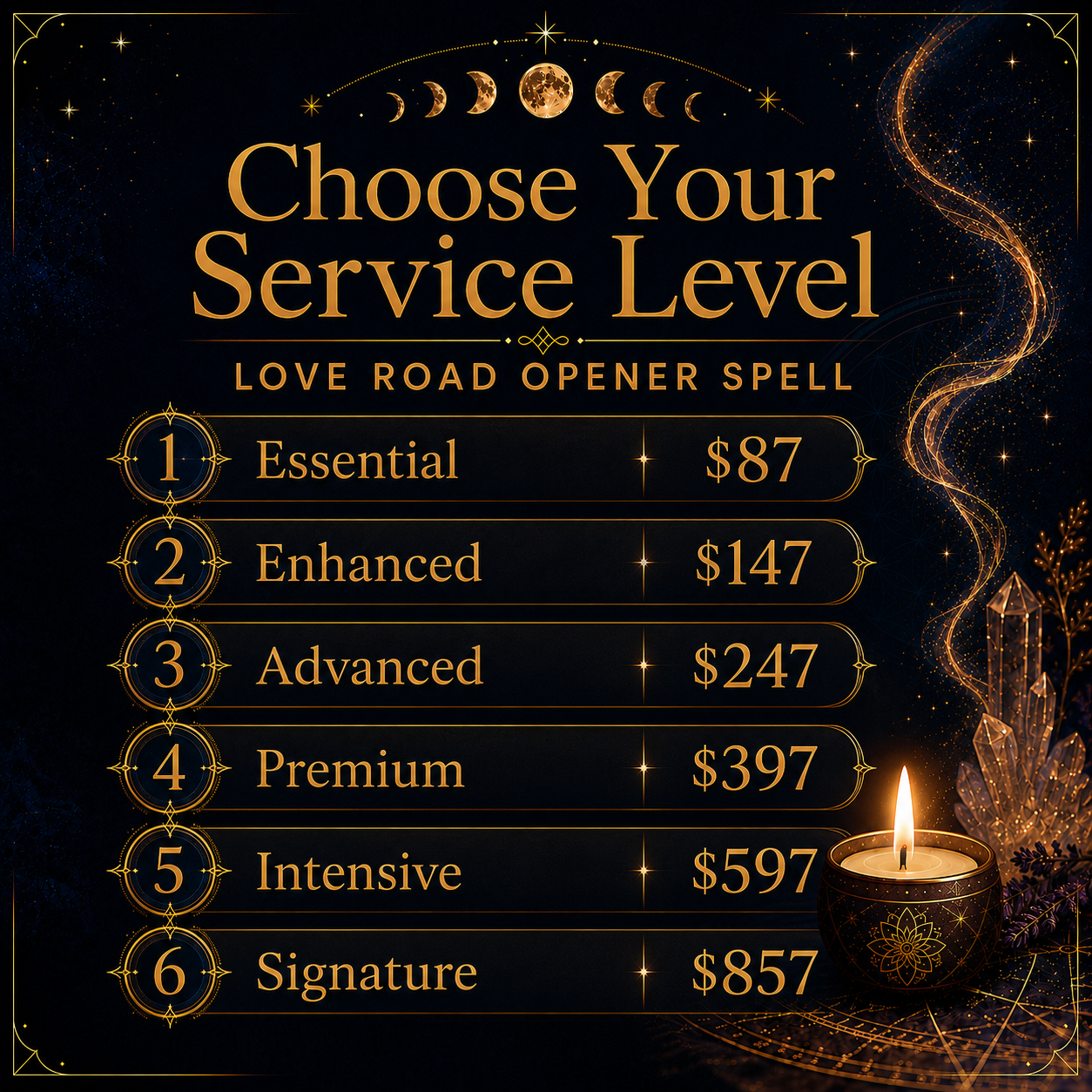Love Road Opener Spell service levels from Essential to Signature