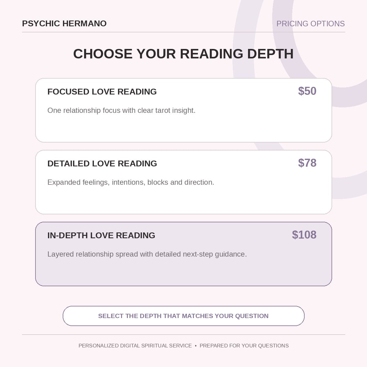 Love Tarot Reading pricing options and reading depth