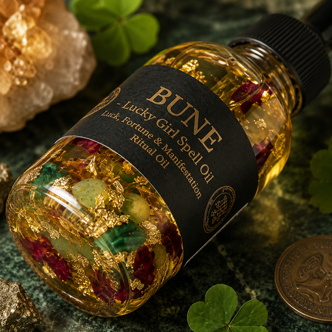 Bune Lucky Girl Spell Oil label close up with gold flake oil and green aventurine, manifestation oil
