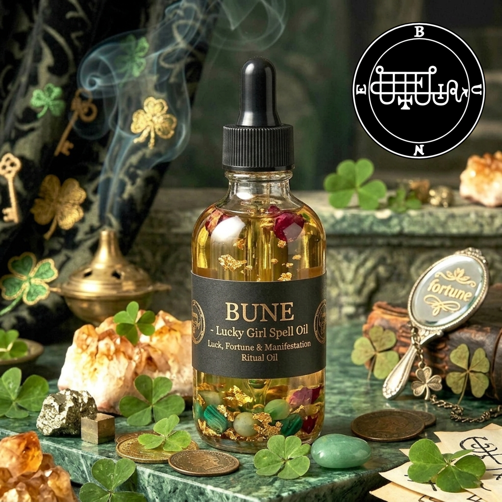 Bune Lucky Girl Spell Oil bottle with clovers, gold coins, and citrine, luck and manifestation oil