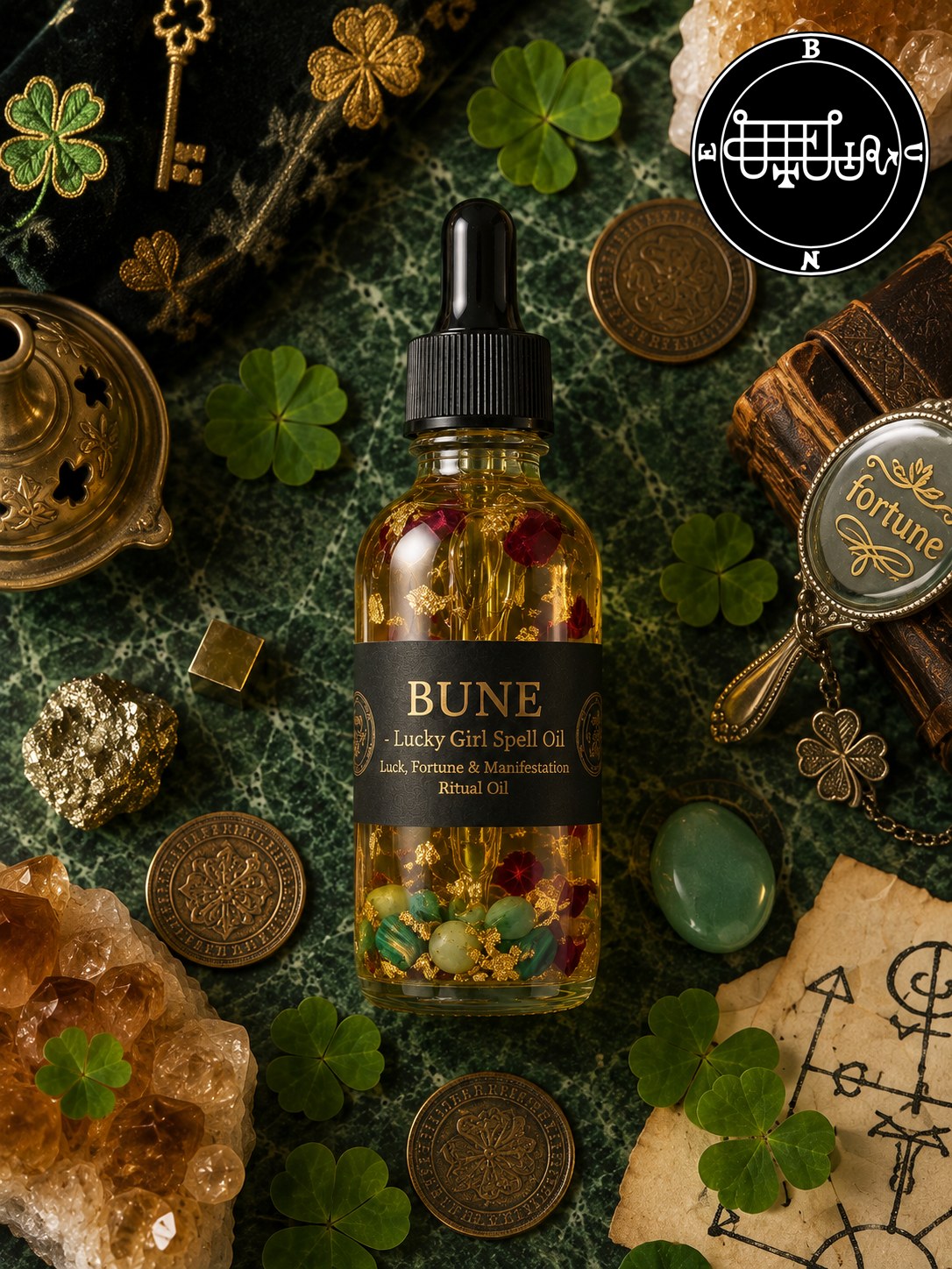 Bune Lucky Girl Spell Oil close up with gold flakes, roses, and crystals inside, good luck ritual oil
