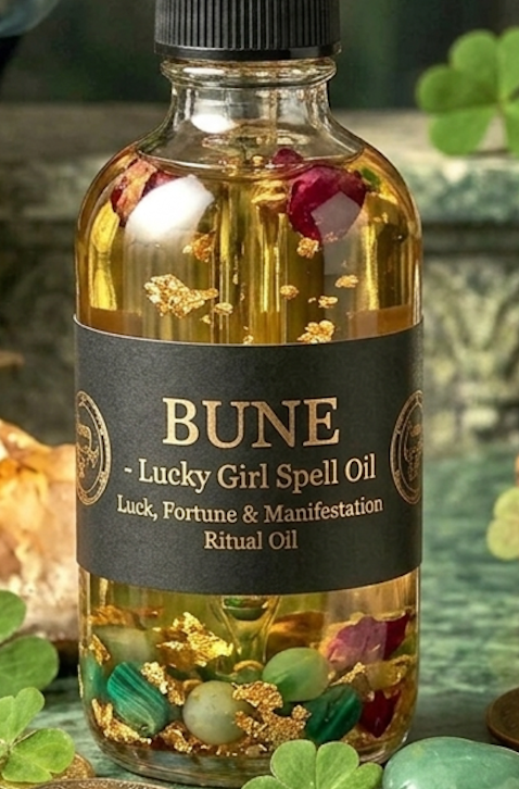 Bune Lucky Girl Spell Oil on a green altar with clovers and incense, luck and fortune drawing oil