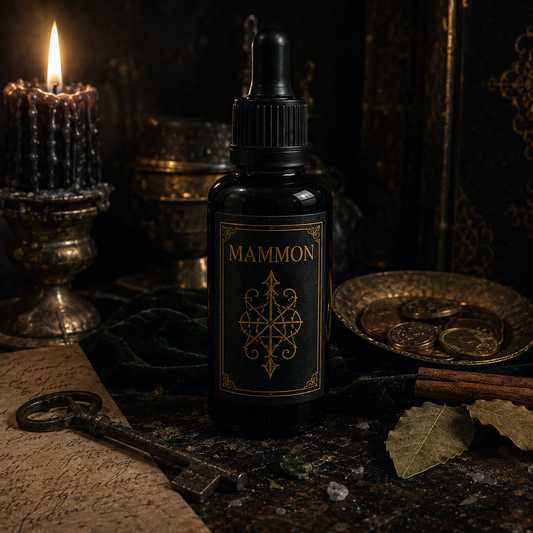 MAMMON money drawing spell oil on a candlelit ritual altar with coins and prosperity petition