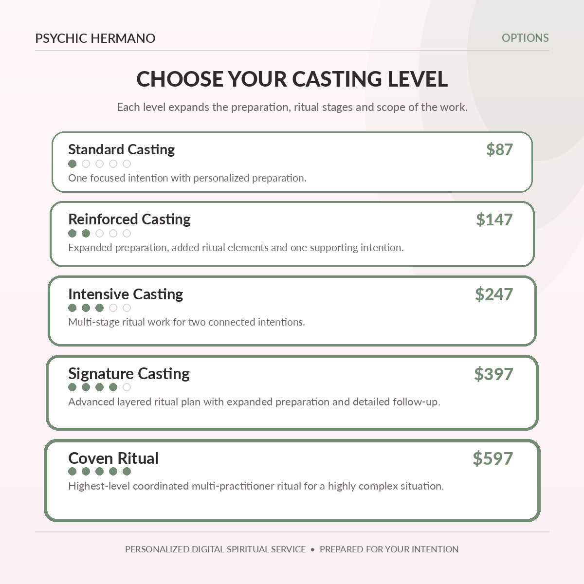 Money Spell pricing options and service levels