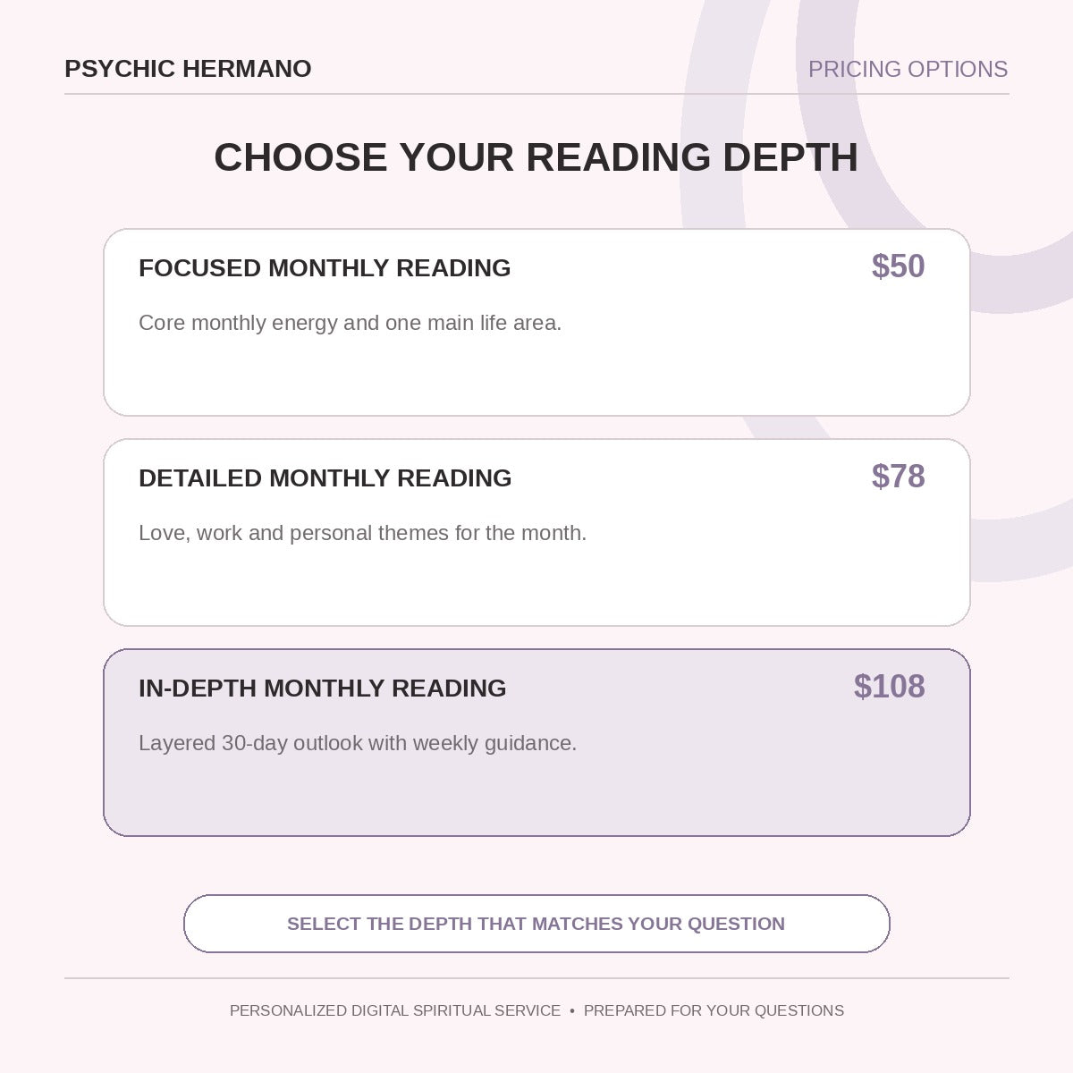 Monthly Psychic Reading pricing options and reading depth