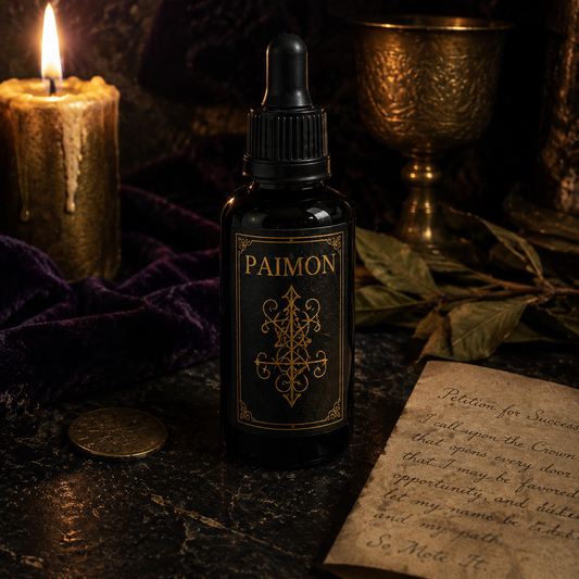 PAIMON Crown of Success ritual oil on a purple and gold candlelit altar
