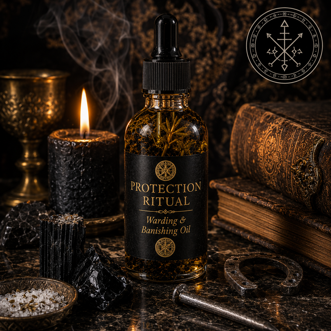 Protection Spell Oil amber bottle with black tourmaline and salt, warding and evil eye ritual oil