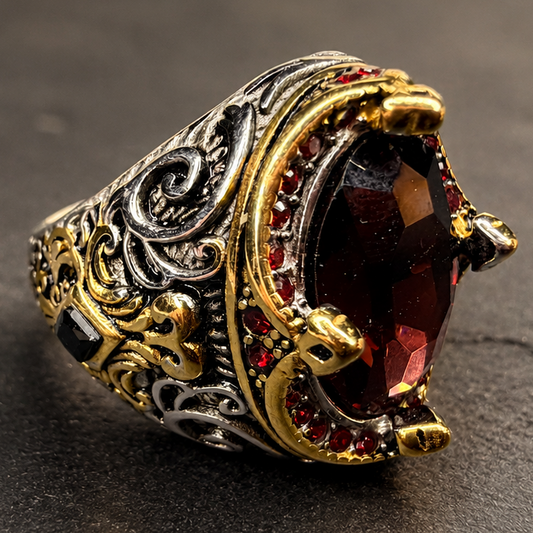 An ornate gothic-style ring featuring a large oval dark red gemstone, set in a silver-toned filigree band with gold-toned scrollwork and small red accent stones, resting on a dark textured slate surface.