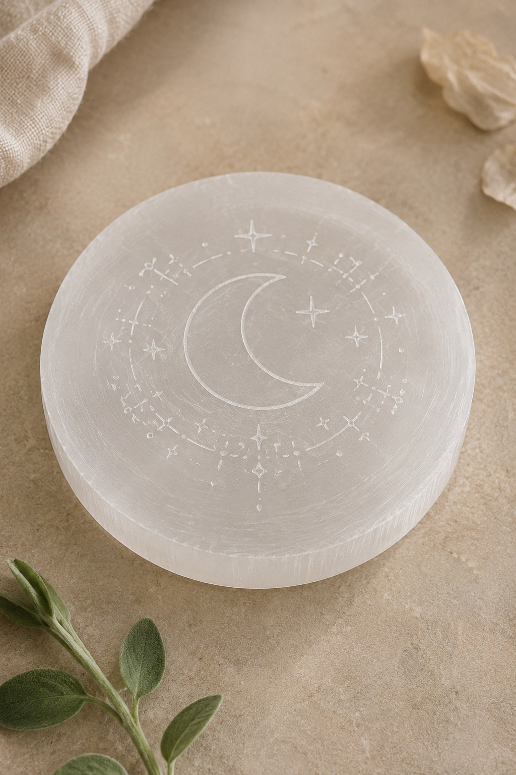 High-resolution representative image of a selenite-style crystal display plate