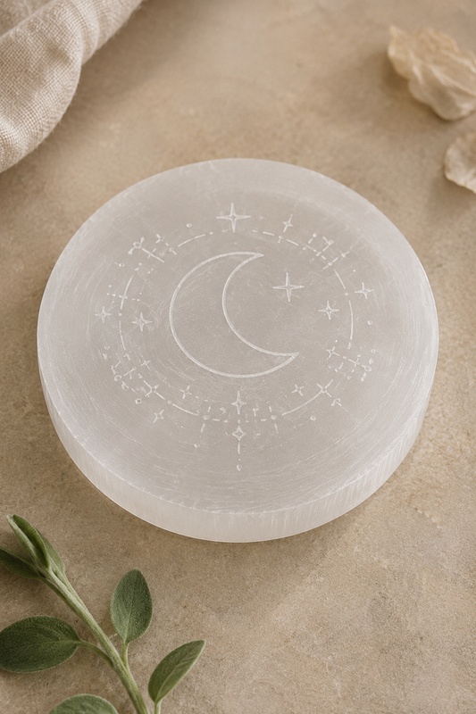 High-resolution representative image of a selenite-style crystal display plate