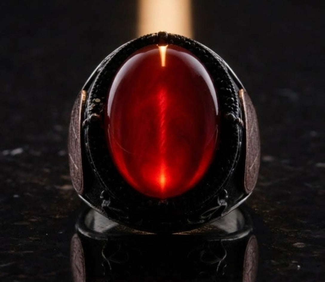 Front view of Seal of Solomon red agate ring in oxidized 925 sterling silver