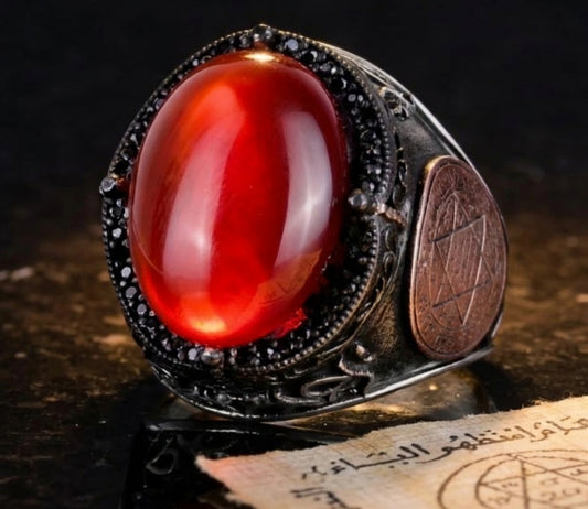Angled view of red agate Solomonic ring with engraved side seal and manuscript
