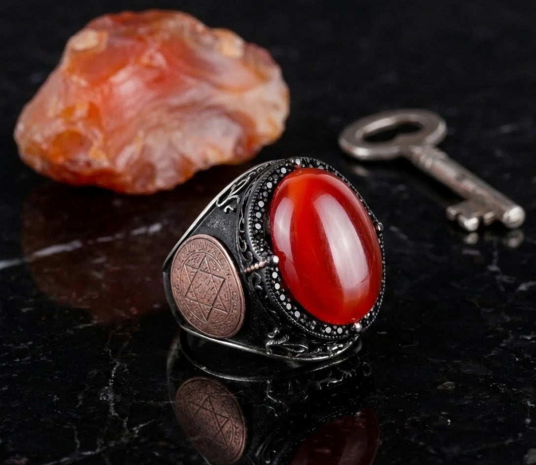 Red agate Seal of Solomon ring displayed with raw carnelian stone and antique key