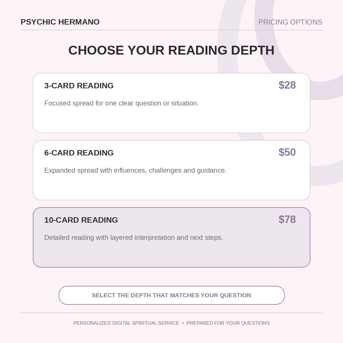 Tarot Card Reading pricing options and reading depth