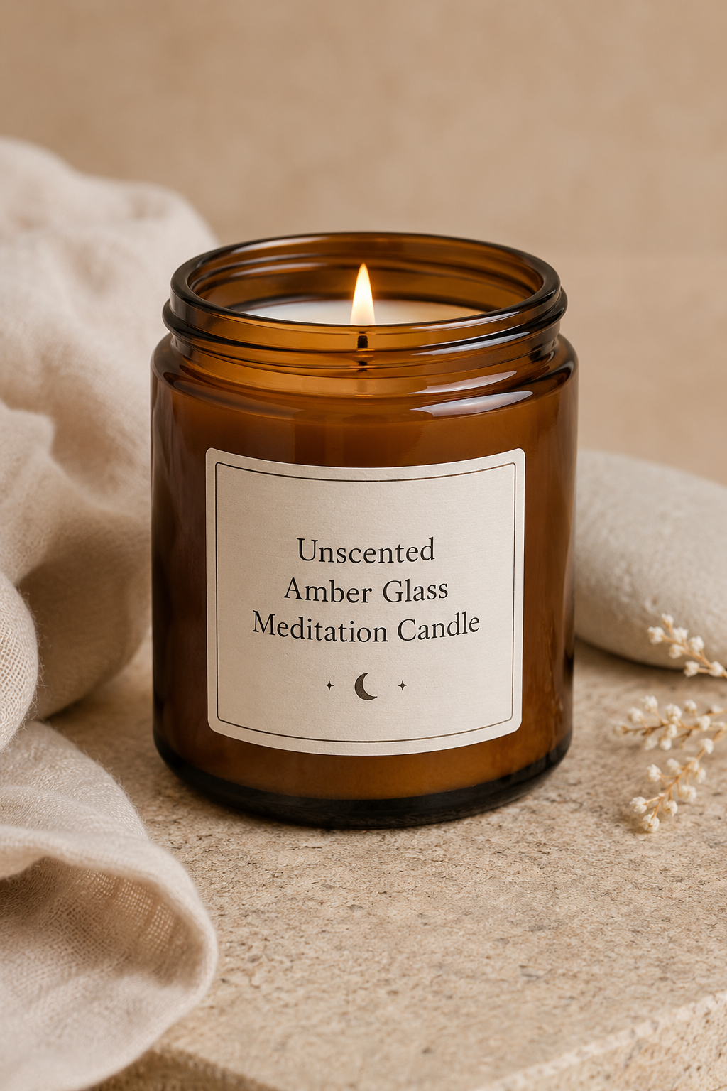 High-resolution representative image of a handmade unscented amber glass meditation candle