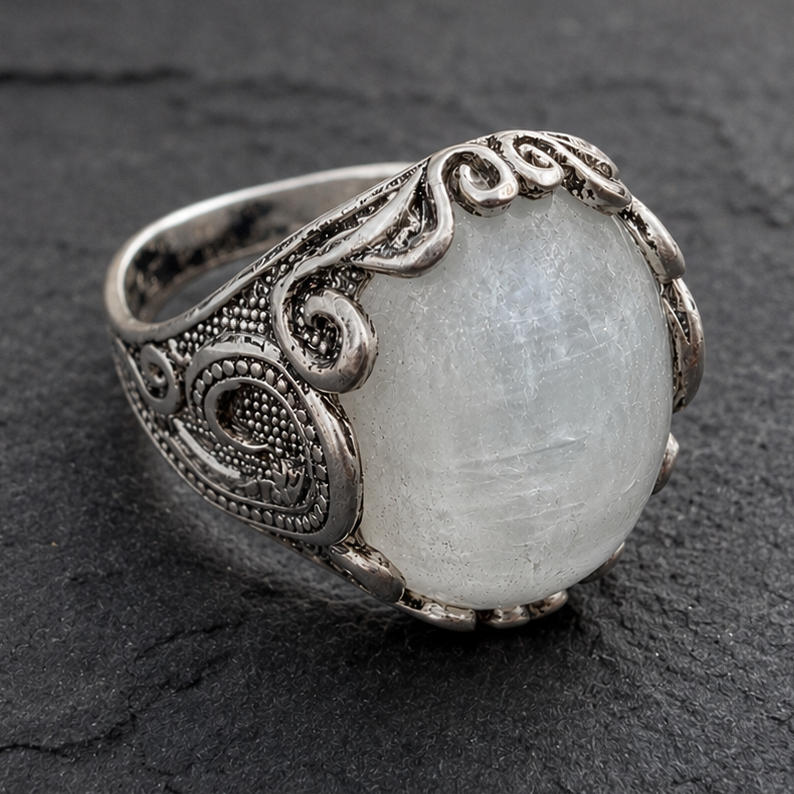 A silver ring featuring an oval, milky white stone with subtle gray marbling, set in an ornate filigree-style silver band, displayed on a dark textured slate surface.