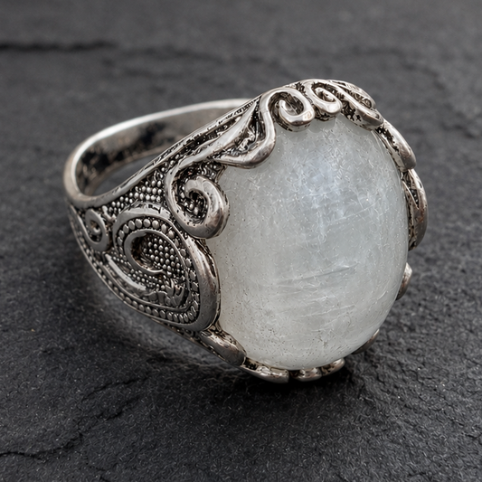 A silver ring featuring an oval, milky white stone with subtle gray marbling, set in an ornate filigree-style silver band, displayed on a dark textured slate surface.